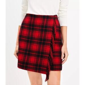 [LOFT] Red Black Tartan Plaid Wool Blend Fringe A-Line Wrap Mini Skirt Size 14